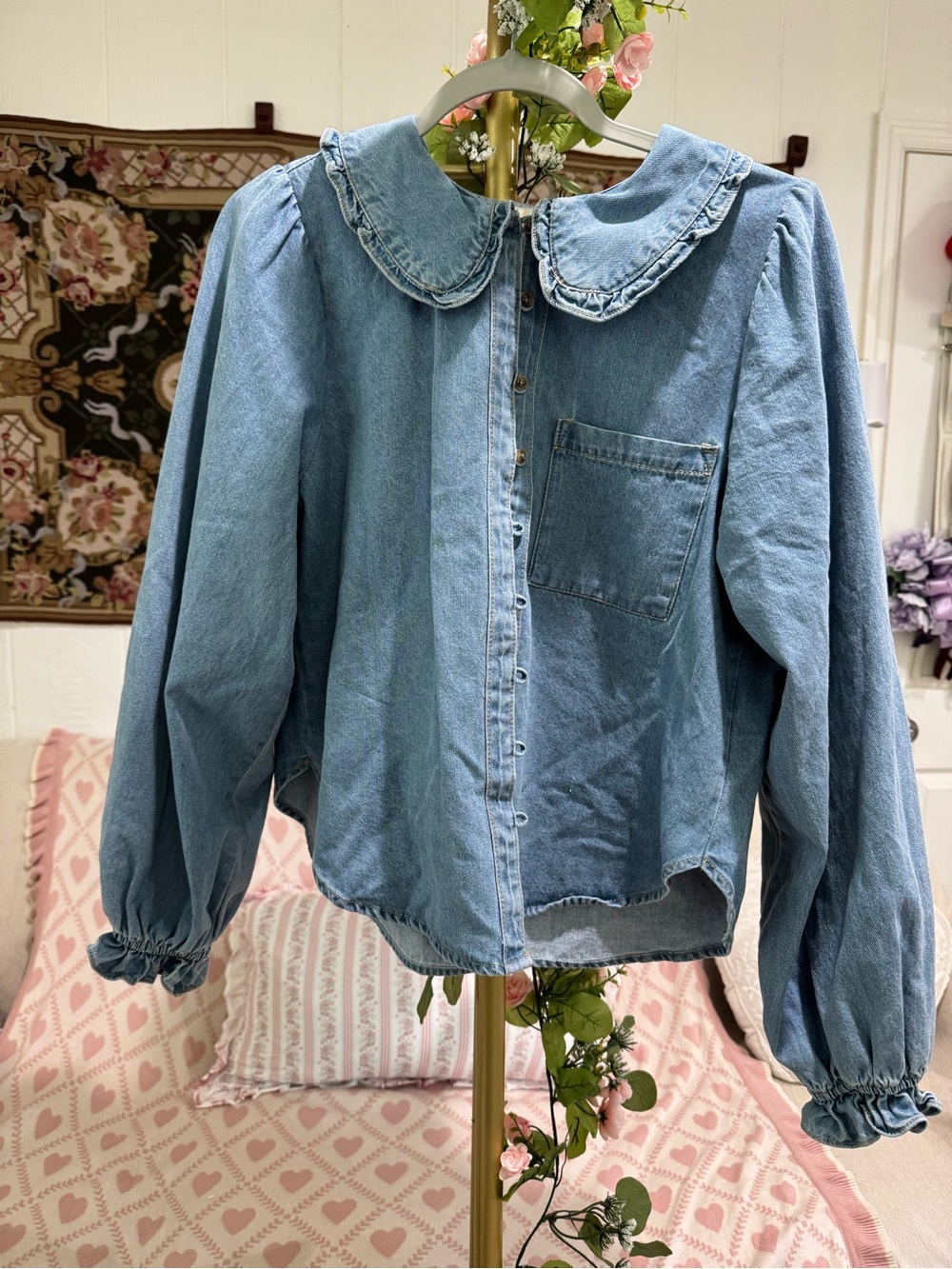 Light Blue Denim Button-Front Jean Jacket with Ruffle Collar